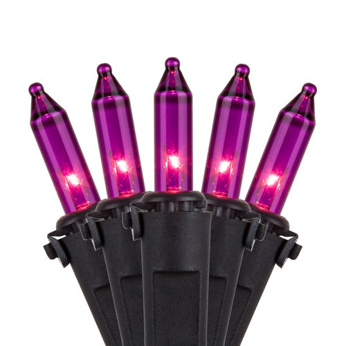 50 Purple Mini Lights, Lamp Lock, Black Wire, 6" Spacing