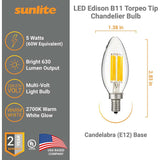 6PK - Sunlite LED 5W 220-277v 2700k E12 Candelabra Screw Bulb - BulbAmerica