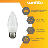 6Pk - Sunlite 7w LED Torpedo Tip B11 Chandelier E26 2700K Bulb - 60W Equiv - BulbAmerica