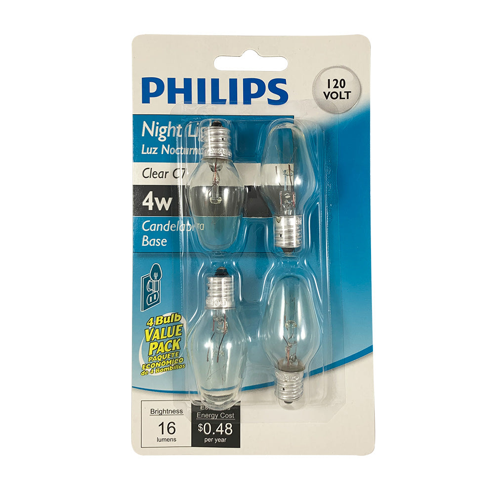 4Pk - Philips 4w 120v C7 E12 Night Light bulb Clear Incandescent Light Bulb