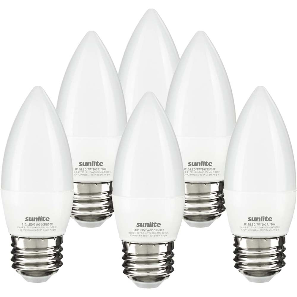 6Pk - Sunlite 7w LED B13 Decorative Chandelier E26 3000K Bulb - 60W Equiv