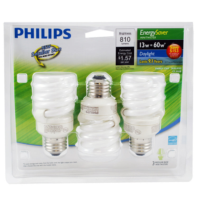 PHILIPS 13W 120V DayLight Energy Saver Ultra Mini Twist Bulb x 3 Pack