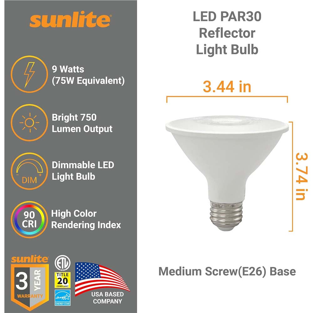 24Pk - Sunlite 9w LED PAR30 Reflector Floodlight 2700K Bulb - 75W Equi ...