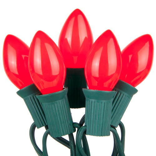 C7 Red Opaque Steady 25 Light Set, Green Wire, 12" Spacing