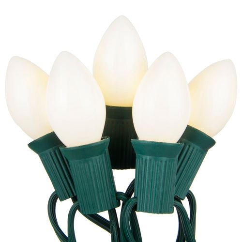 C7 White Opaque Steady 25 Light Set, Green Wire, 12" Spacing