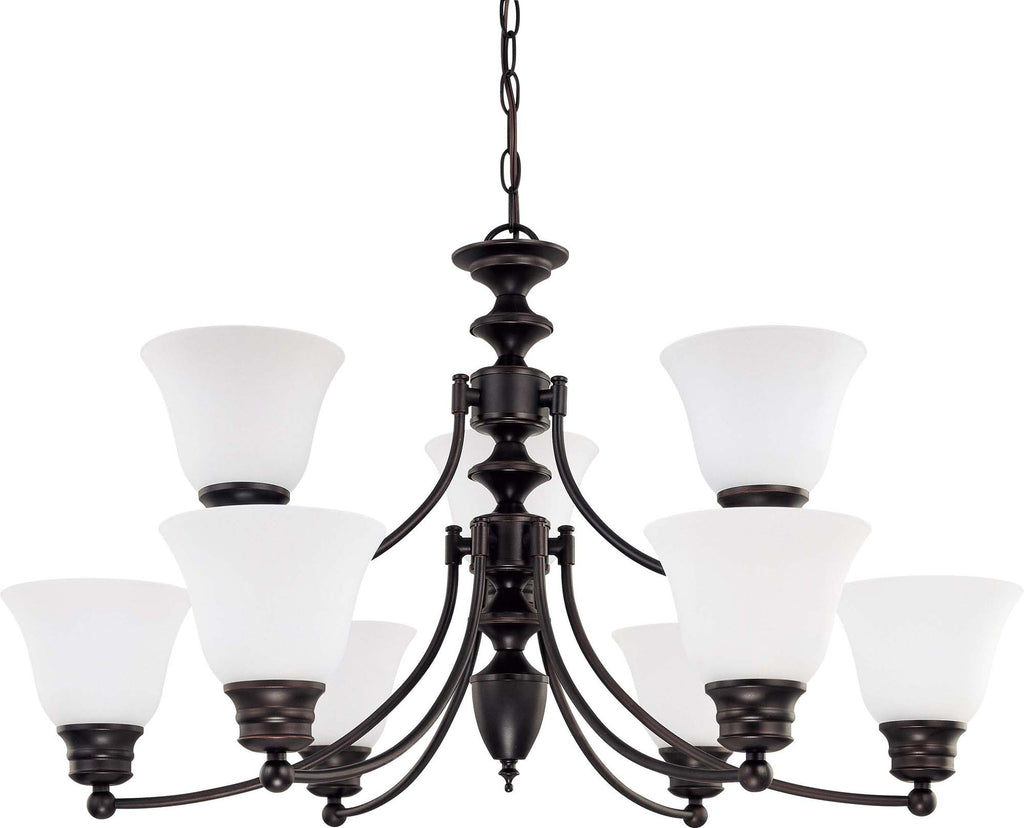 Nuvo Empire 9-Light 32" Chandelier w/ Frosted White Glass in Mahogany Bronze