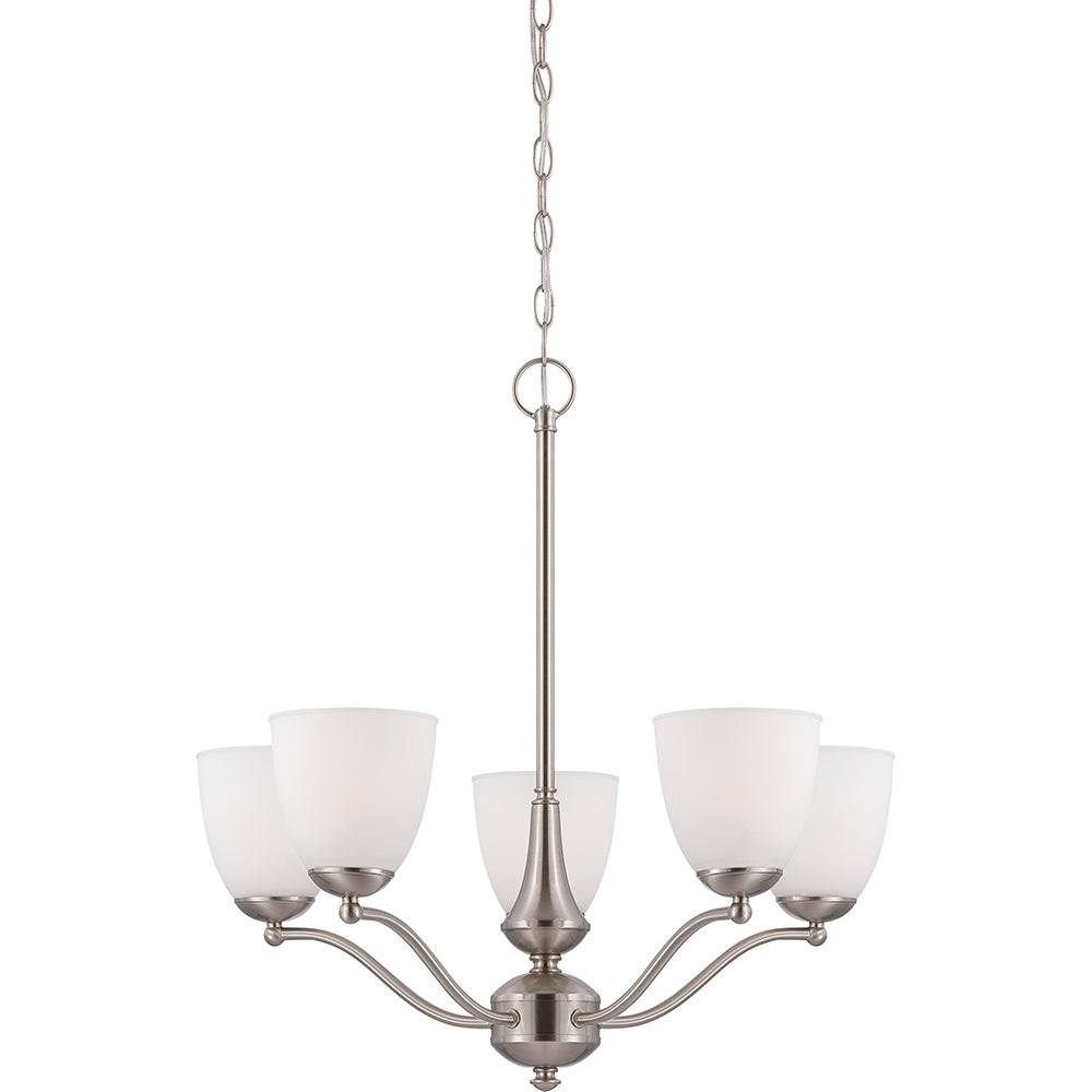 Nuvo Patton 5-Light Chandelier (Arms Up) w/ Frosted Glass in Brushed Nickel