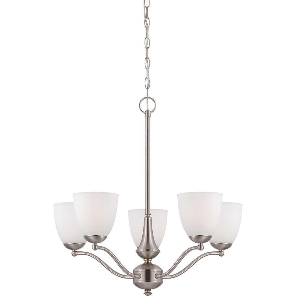 Nuvo Patton 5-Light Chandelier (Arms Up) w/ Frosted Glass in Brushed Nickel