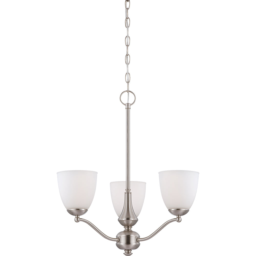 Nuvo Patton 3-Light Brushed Nickel Chandelier Arms Up w/ Frosted Glass