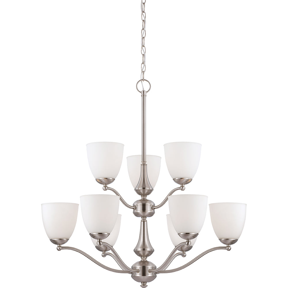Nuvo Patton 9-Light 2-Tier Chandelier w/ Frosted Glass in Brushed Nickel Finish