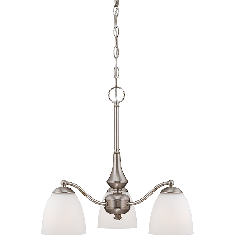 Nuvo Patton 3-Light Brushed Nickel Chandelier Arms Down w/ Frosted Glass