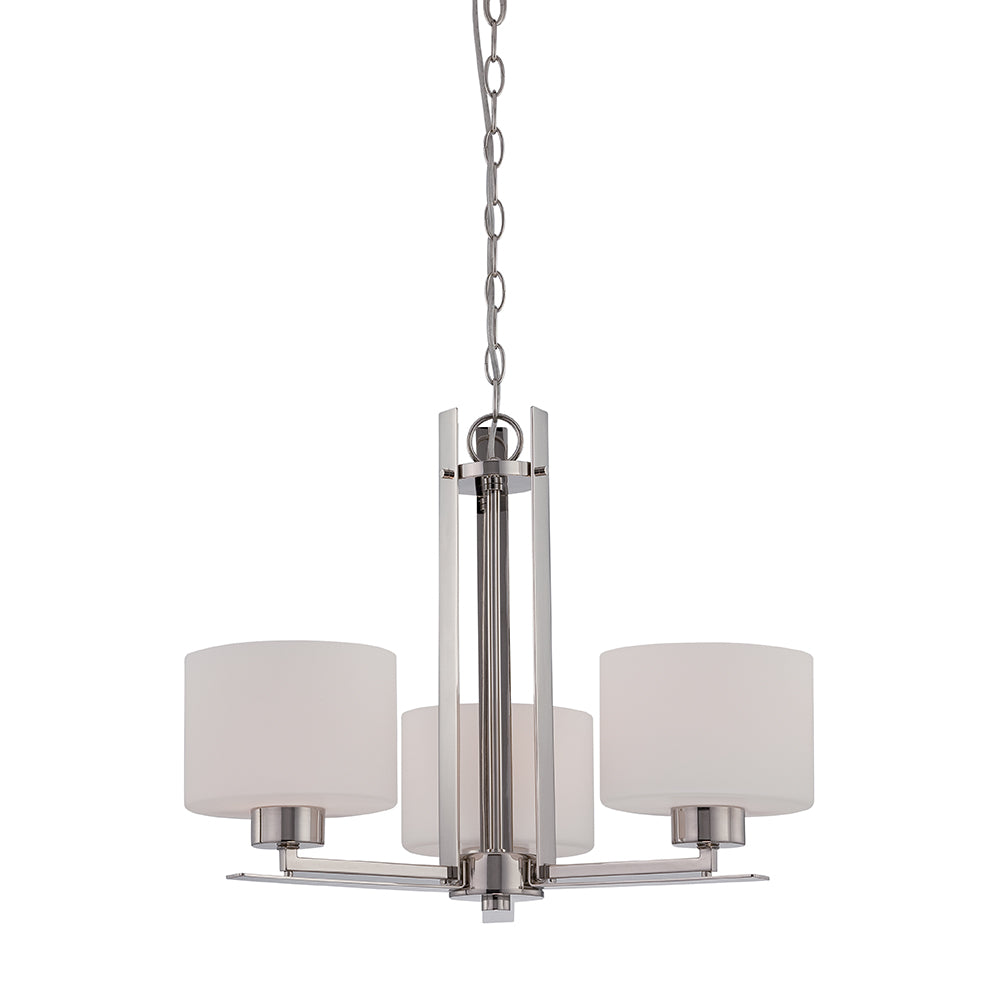 Nuvo Parallel 3-Light Chandelier w/ Etched Opal Glass in Polished Nickel Finish