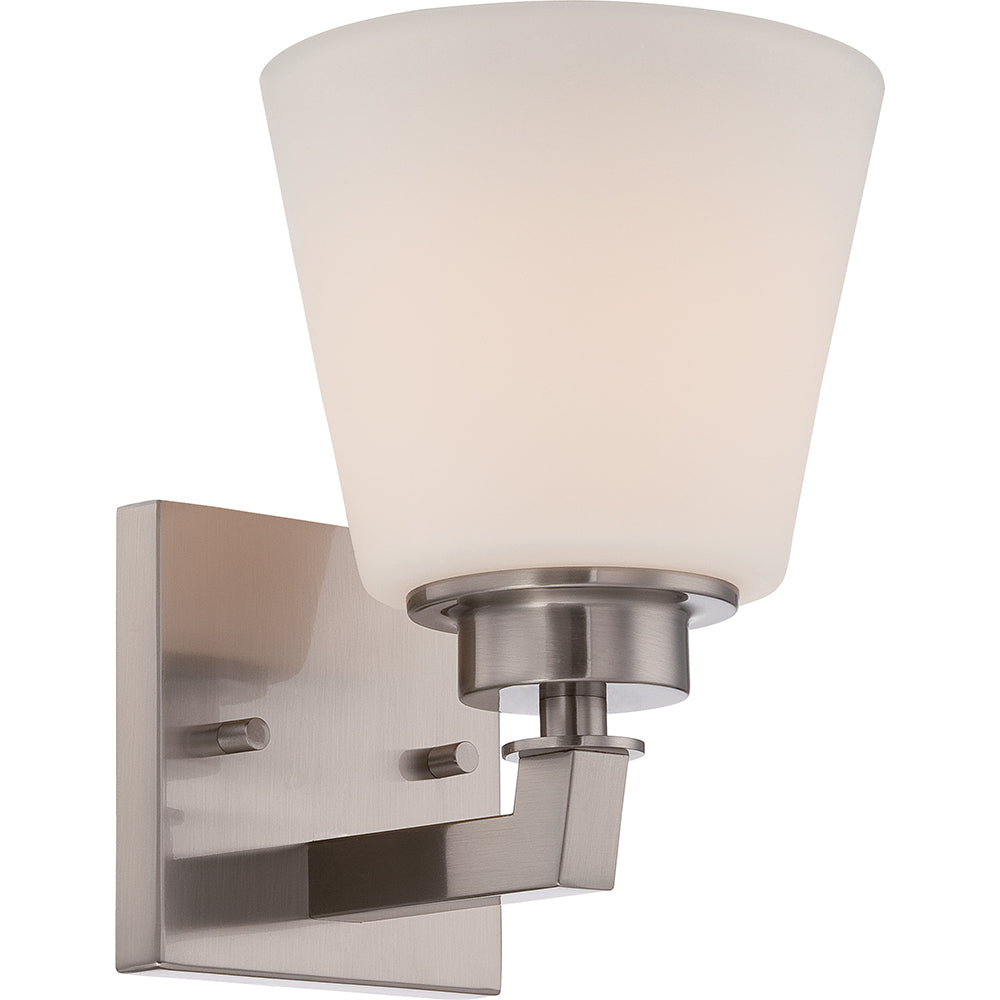 Nuvo Mobili 1-Light Vanity Fixture w/ Satin White Glass in Brushed Nickel Finish