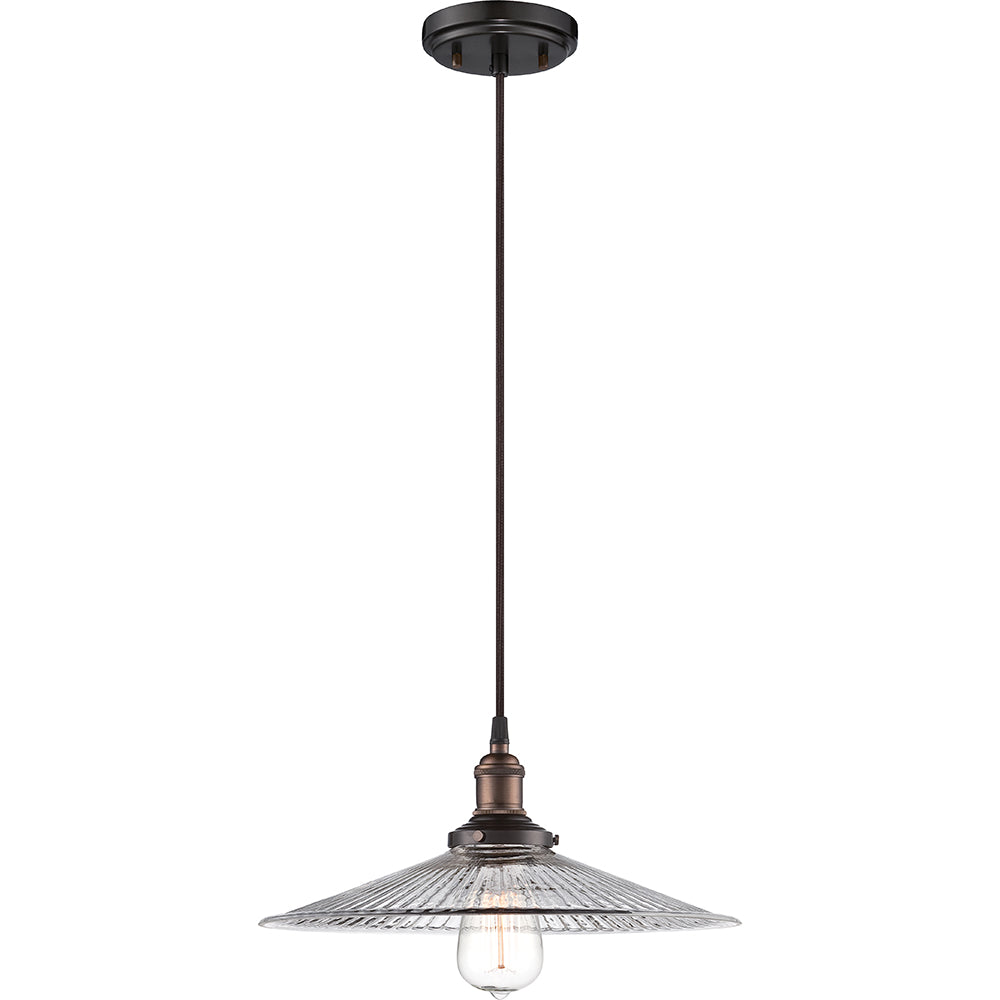 Nuvo Vintage 14" 1-Light Pendant w/ Clear Ribbed Glass in Rustic Bronze Finish