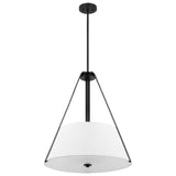 Brewster 3-Light Pendant Black Finish Faux Leather Wrapped Straps White Shade - BulbAmerica