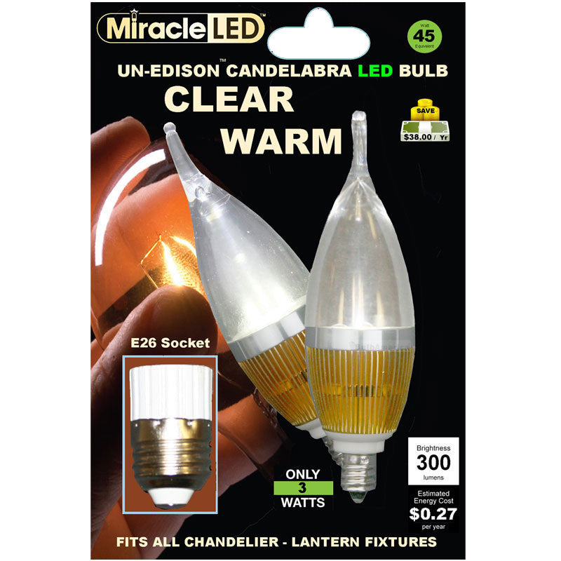 Miracle LED Ultra SAVER 3w 120v Candelabra Clear Warm White E26 LED Light Bulb