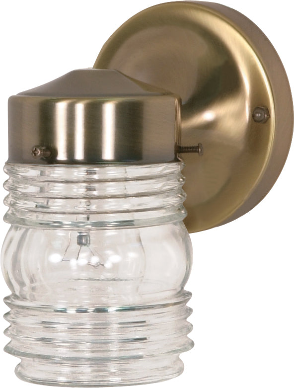 Nuvo 1-Light 6" Porch Wall Light w/ Clear Mason Jar in Antique Brass Finish