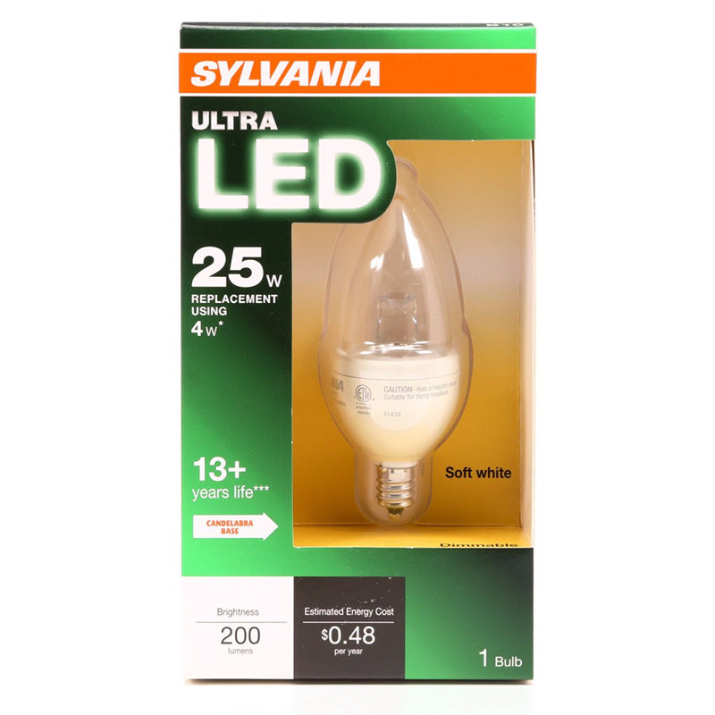 Sylvania Ultra LED 4w B10 Dimmable Soft White Candelabra base bulb - 25w equiv.
