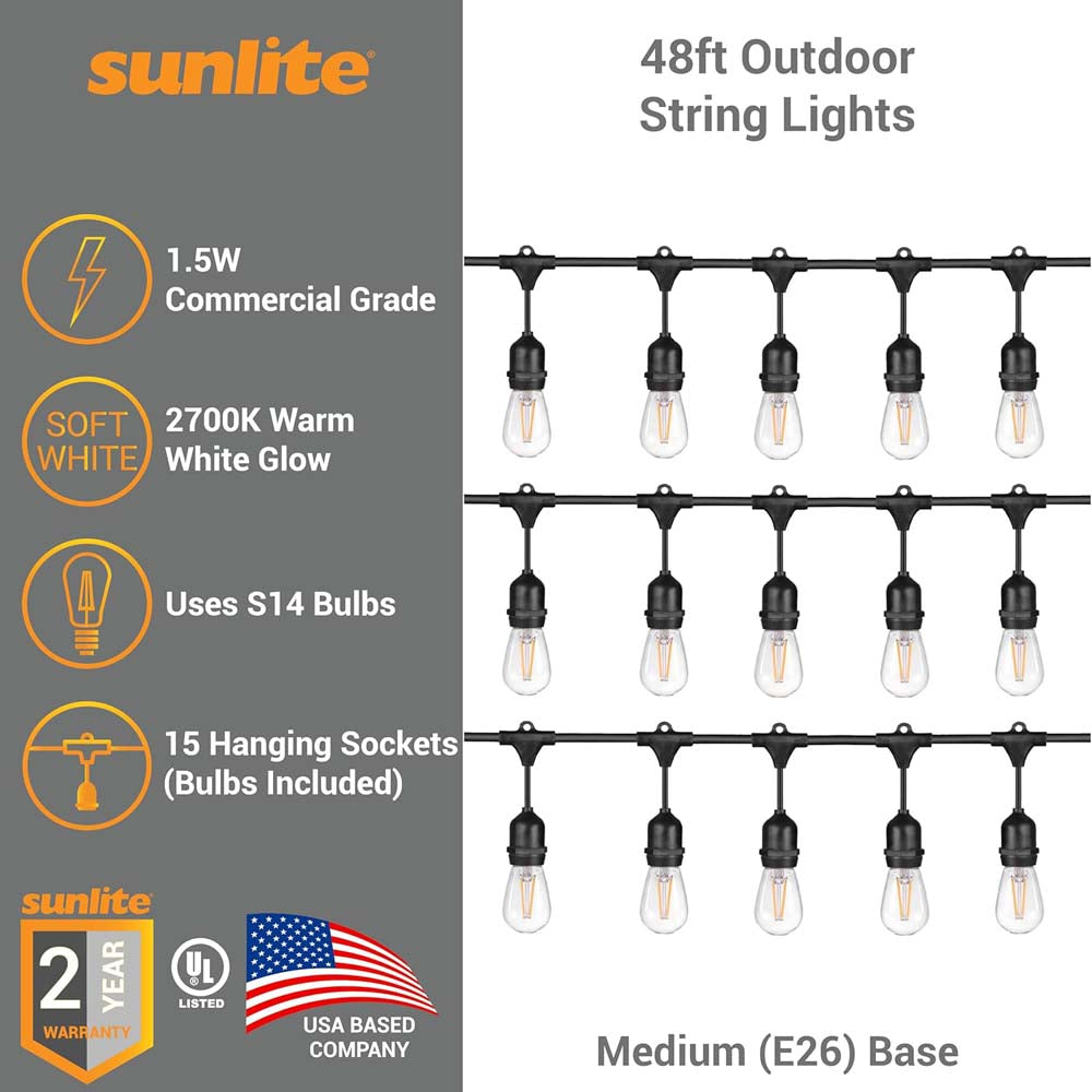 Sunlite 48ft 22.5W LED S14 Waterproof 15 Sockets 2700K Outdoor String ...