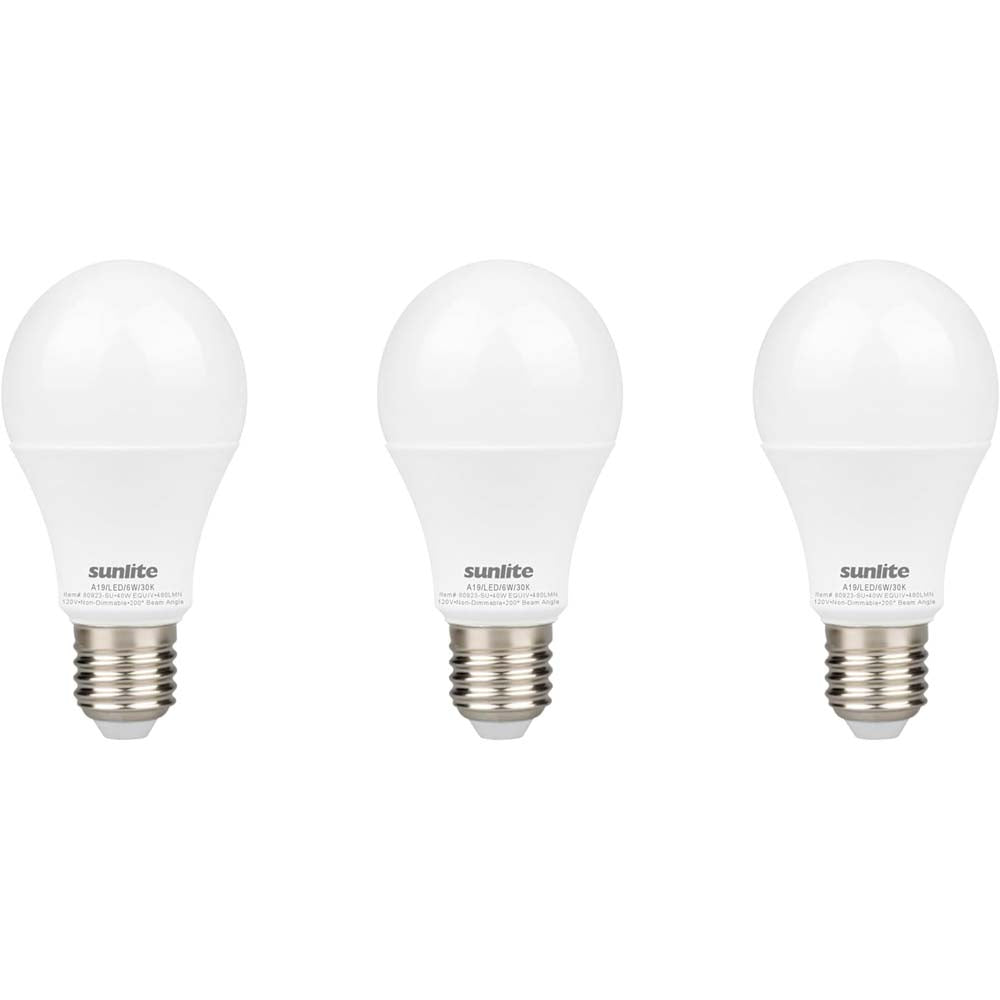 3Pk - Sunlite 6w LED A19 Non-Dimmable 3000K Warm White Bulb - 40w Equiv