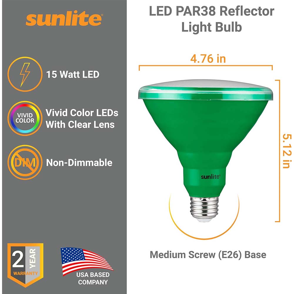 Sunlite 15w LED PAR38 Green Colored E26 Base Floodlight Bulb - 75W Equ ...