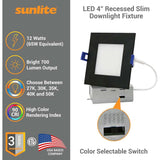 Sunlite 4-In 12w LED Recessed Slim Downlight Fixture CCT Selectable - 65W equiv - BulbAmerica