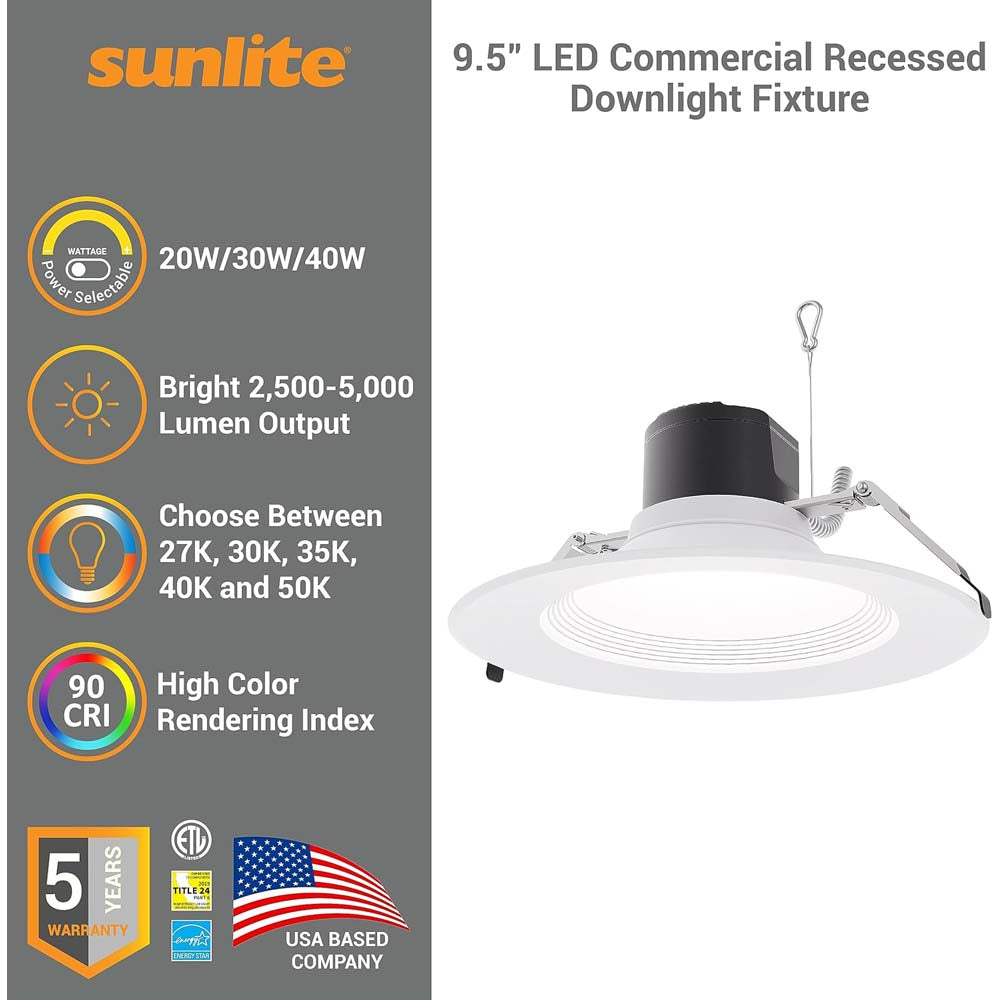 Sunlite 9.5-in LED Commercial Recessed Downlight CCT Wattage Selectabl ...