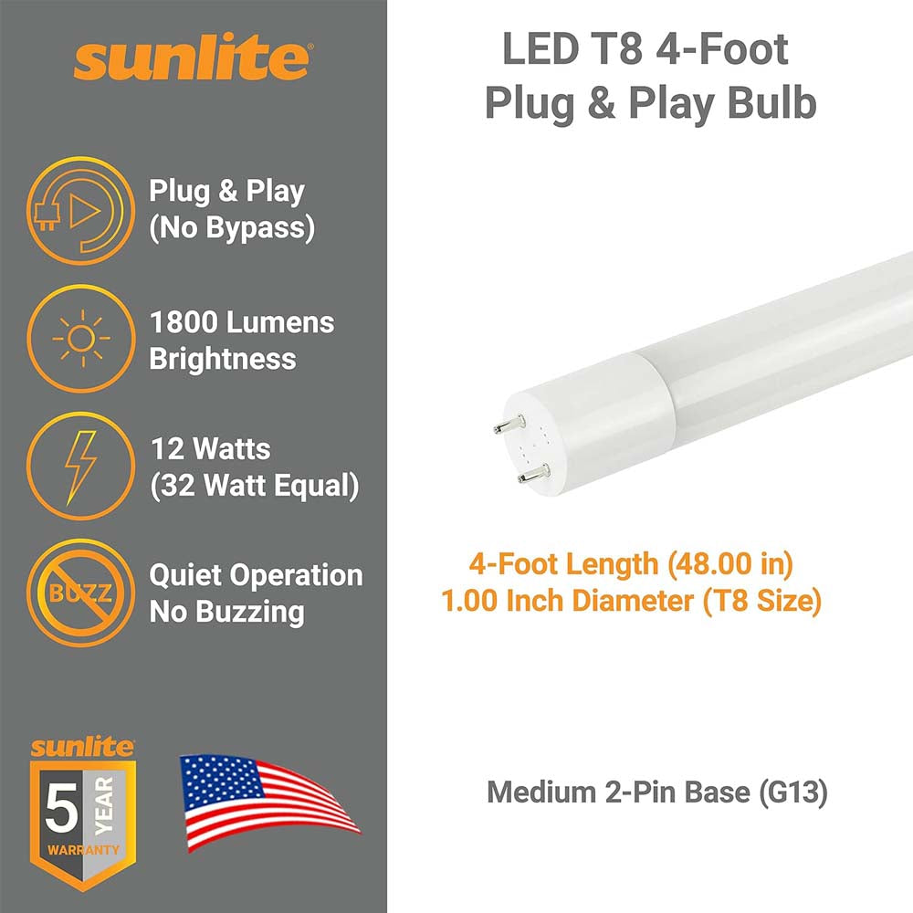 Sunlite Plug 25Pk - Sunlite 11w LED T8 48-in G13 Bi-Pin Base 4000K Plug & Play Ligh ...