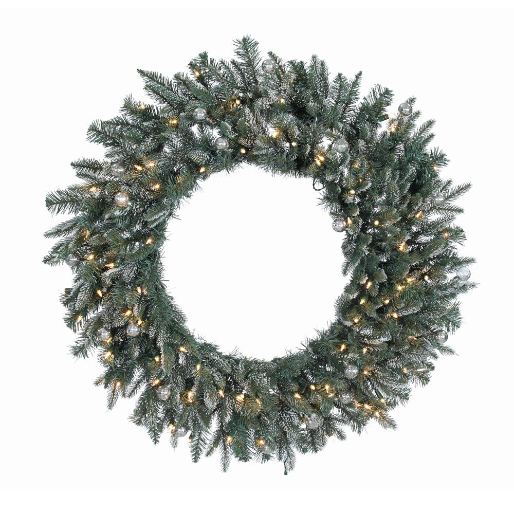36in. Crystal Frosted Balsam Wreath 240Tips 100Clear Lights 20 Silver Balls