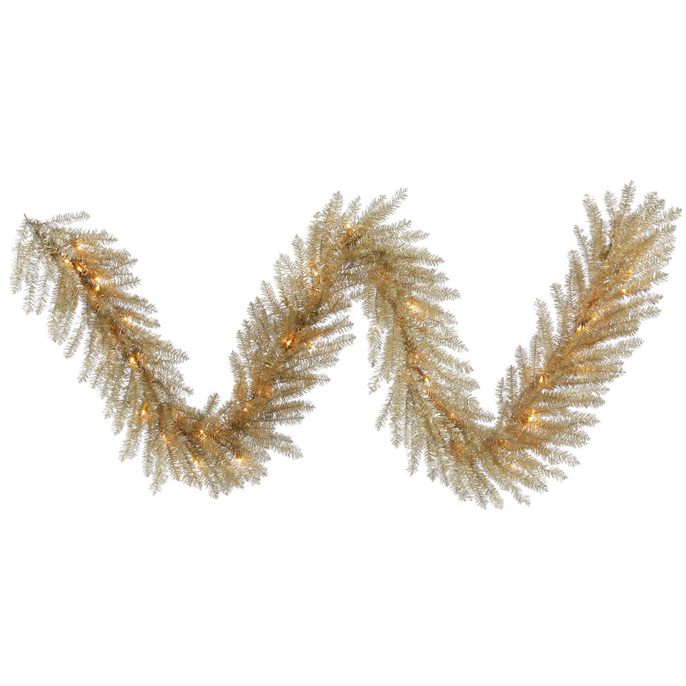 9Ft. x 14in. Champagne Tinsel Garland 50 Clear Lights 350Tips