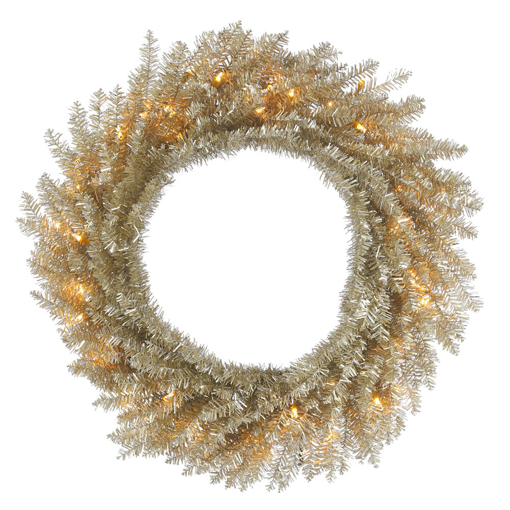 24in. Champagne Tinsel Wreath 35 Clear Lights 260Tips