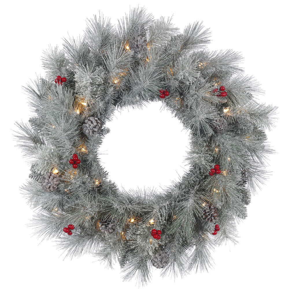 30in. Frosted Mix Berry Pine Wreath 50 Clear Lights 123Tips
