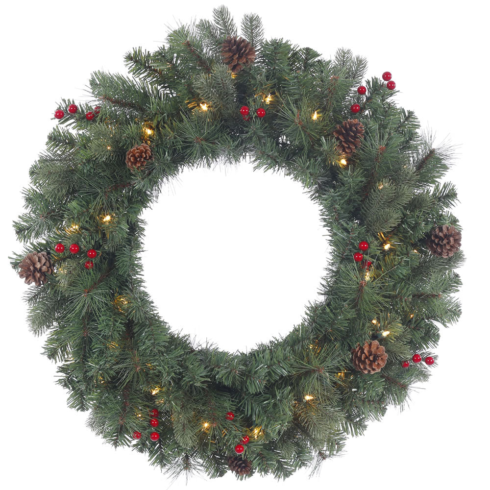 30in. Wesley Mixed Pine Wreath Pine Cones Red Berries 50 Clear Lights 165Tips