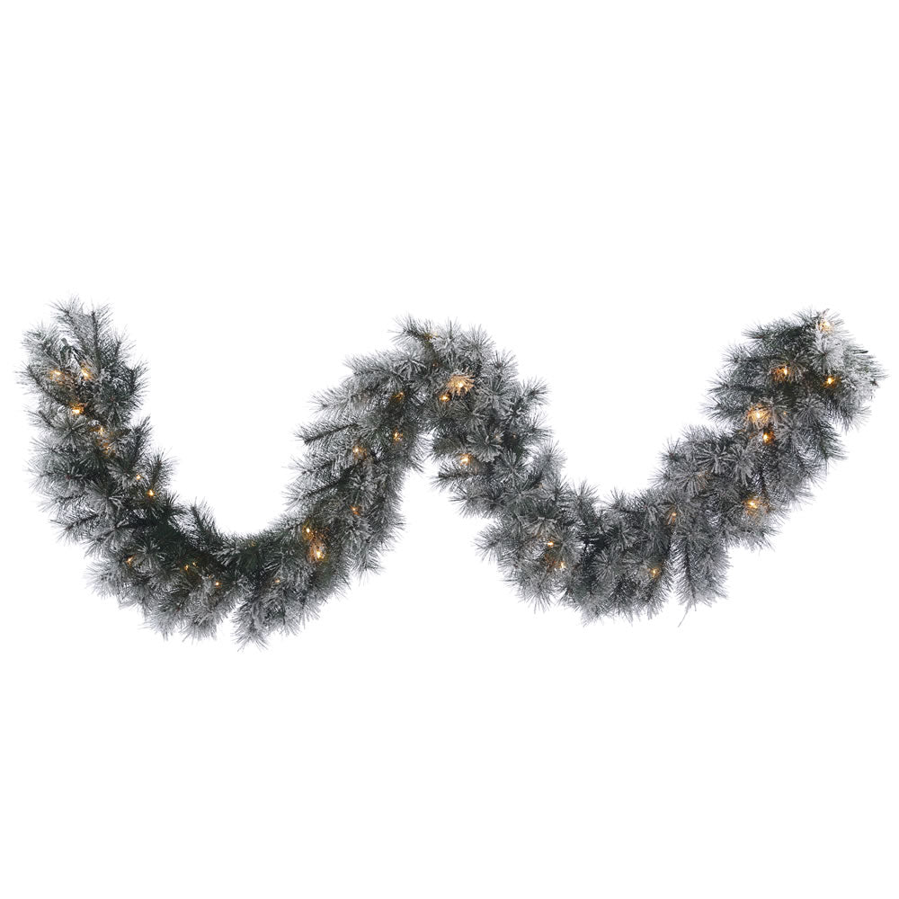 9Ft. x 14in. Frosted Brewer Pine Garland 50 Clear Lights 170Tips