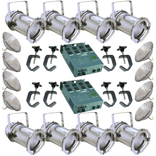 8 Silver PAR CAN 64 500PAR64 WFL Bulbs C-Clamp 2 Dimmer