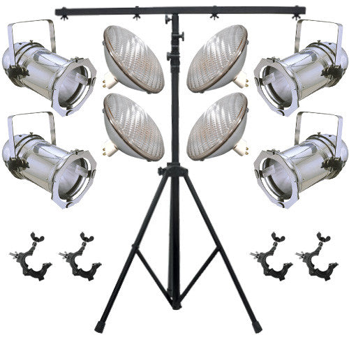 4 Silver PAR CAN 64 1000w PAR64 WFL O-Clamps 9ft Stand
