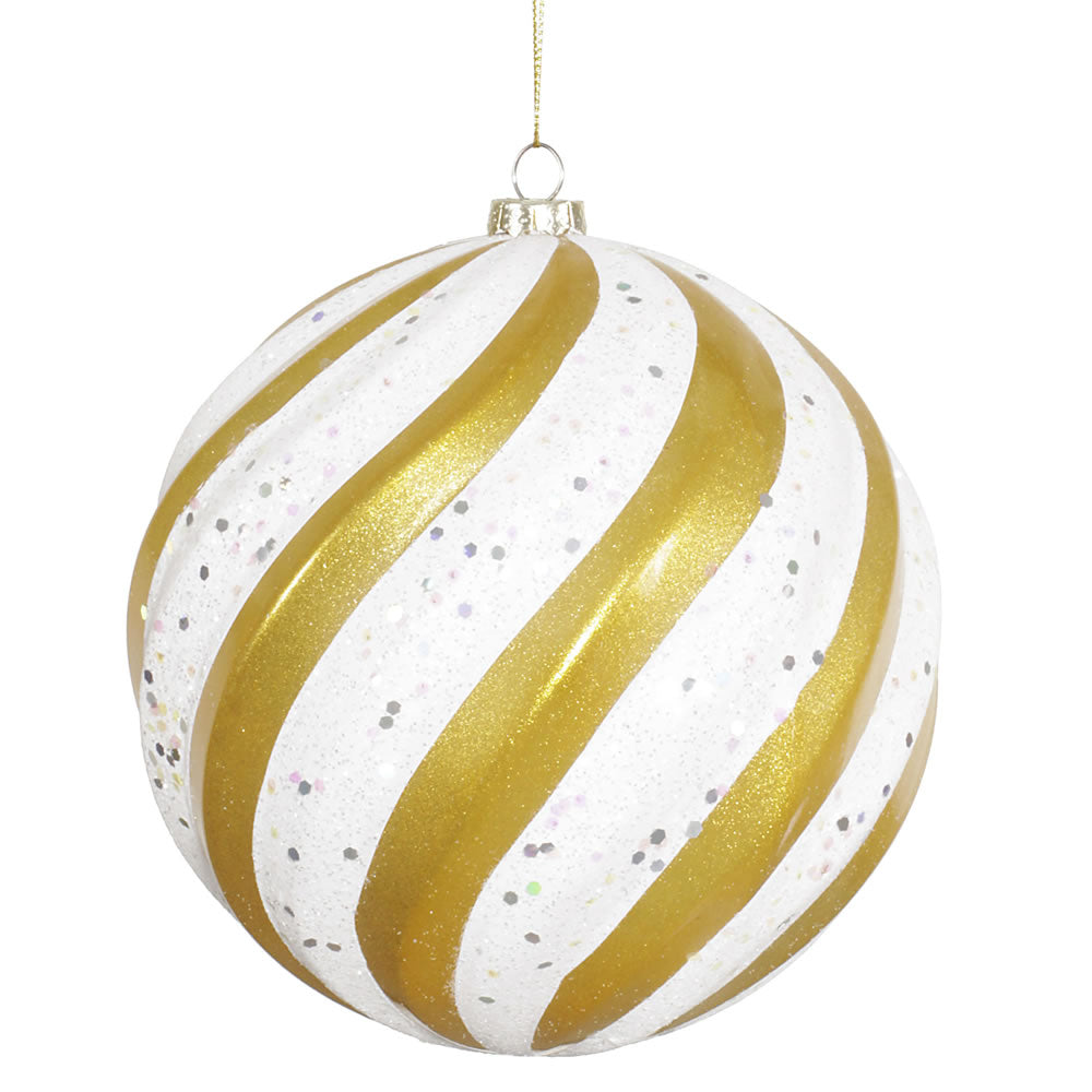 6" Gold-Wht Matte-Glitter Swirl Ball