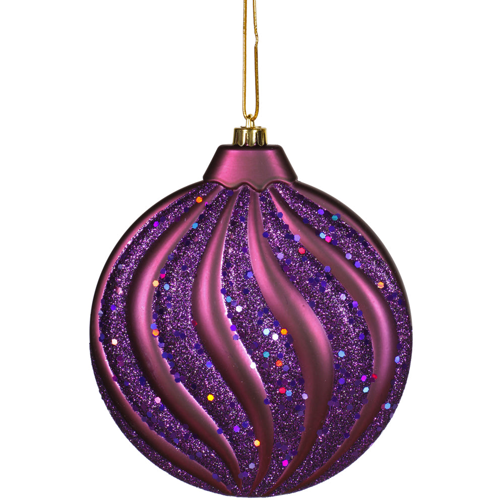 2PK - 6" Plum Matte-Glitter Swirl Flat Ball Ornament