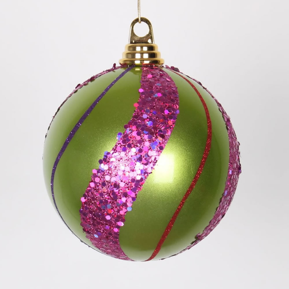 5.5" Lime-Ceris-Purp-Red Candy Glit Ball Ornament