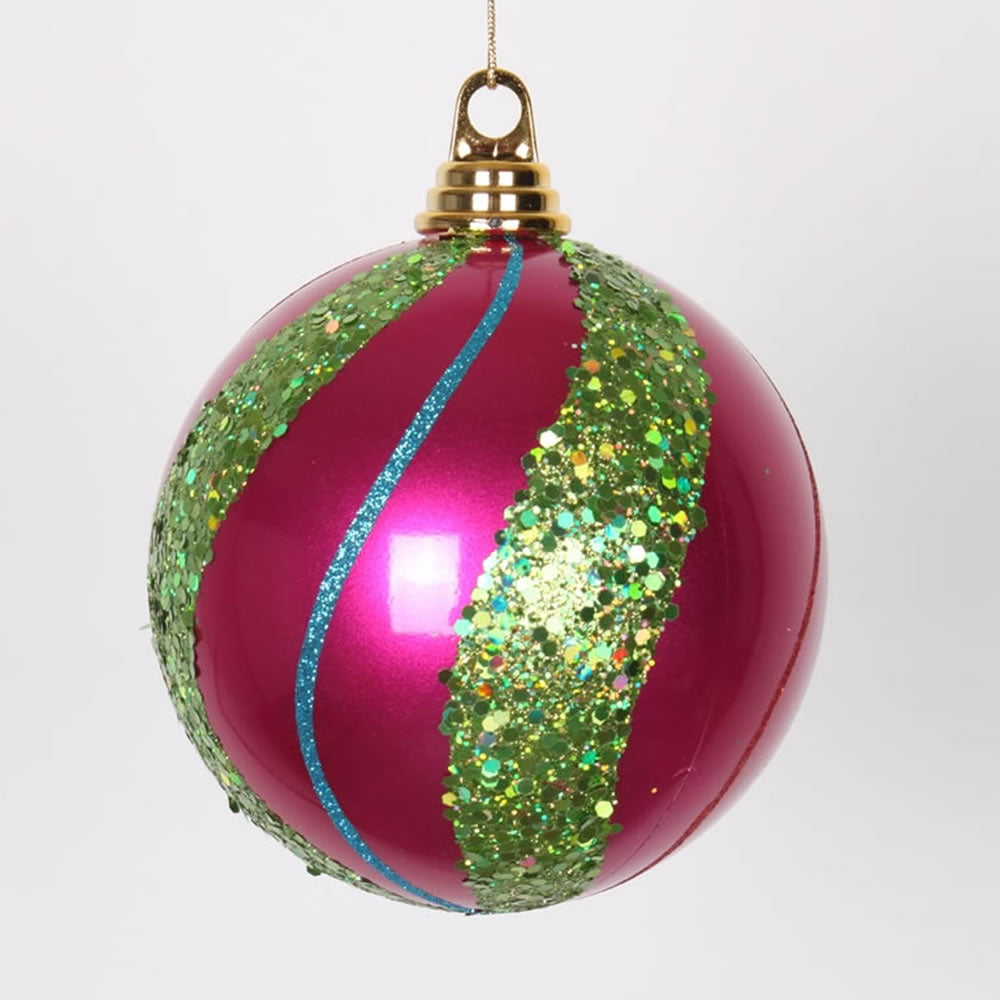 5.5" Ceris-Lime-Purp-Red Candy Glit Ball Ornament
