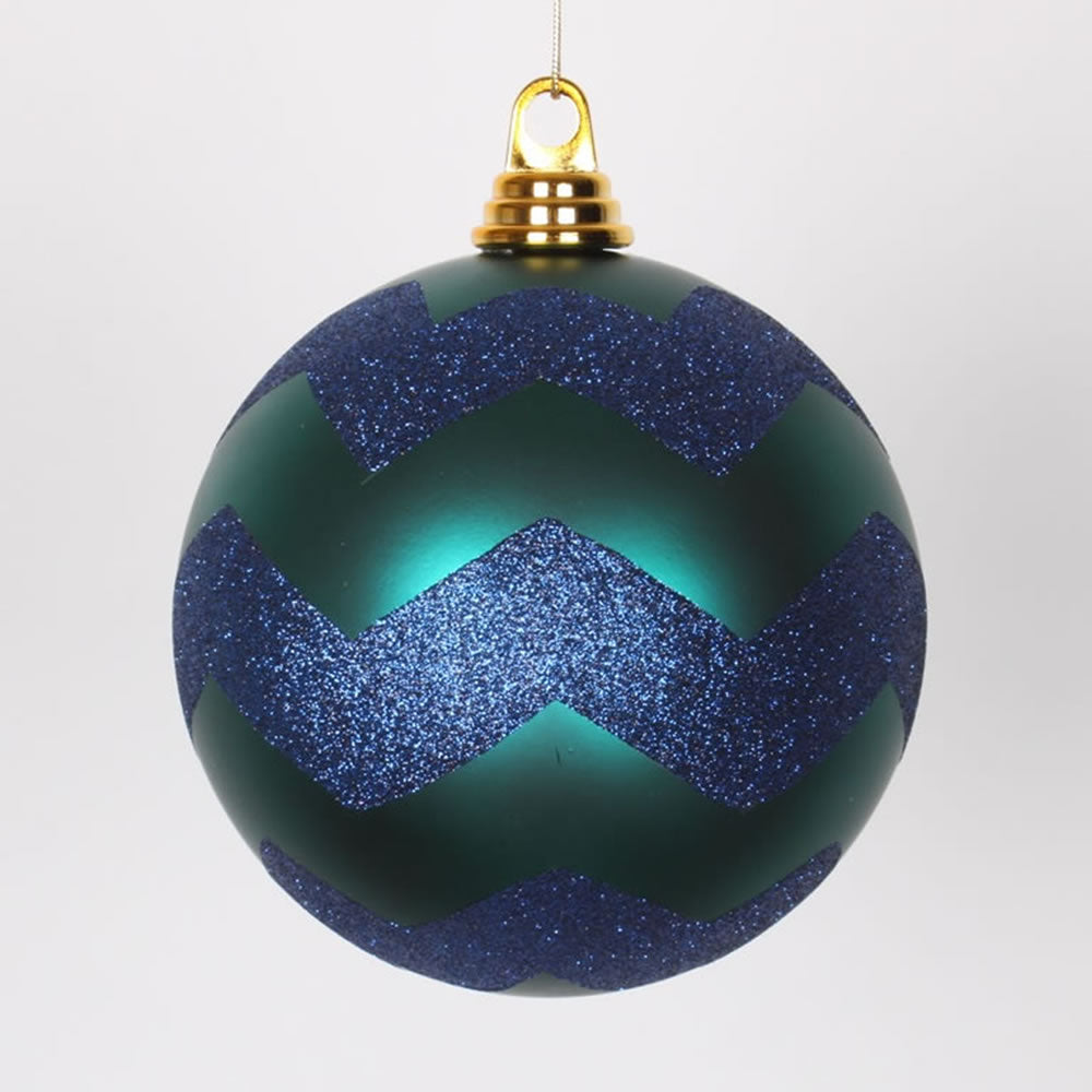 6" Teal-SeaBl Matte-Glit Chevron Ball Ornament
