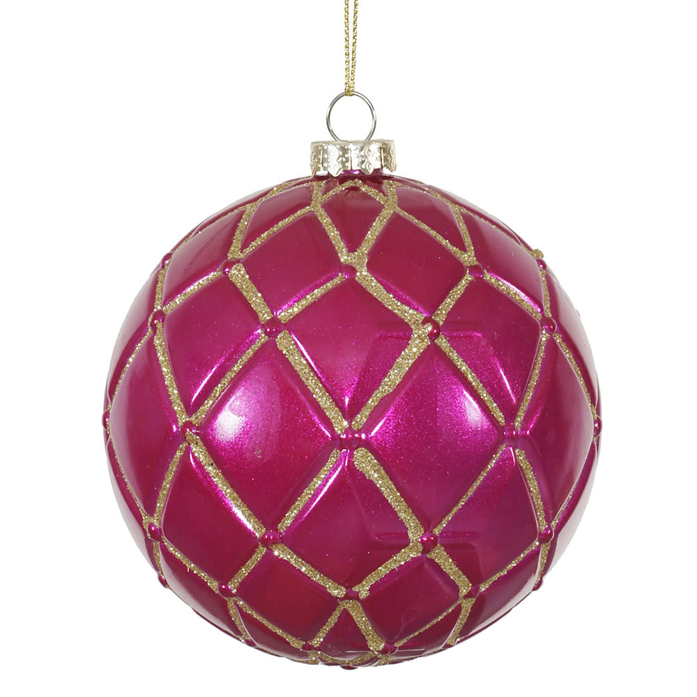 4" Cerise Candy Glitter Net Ball Ornament 6/Box