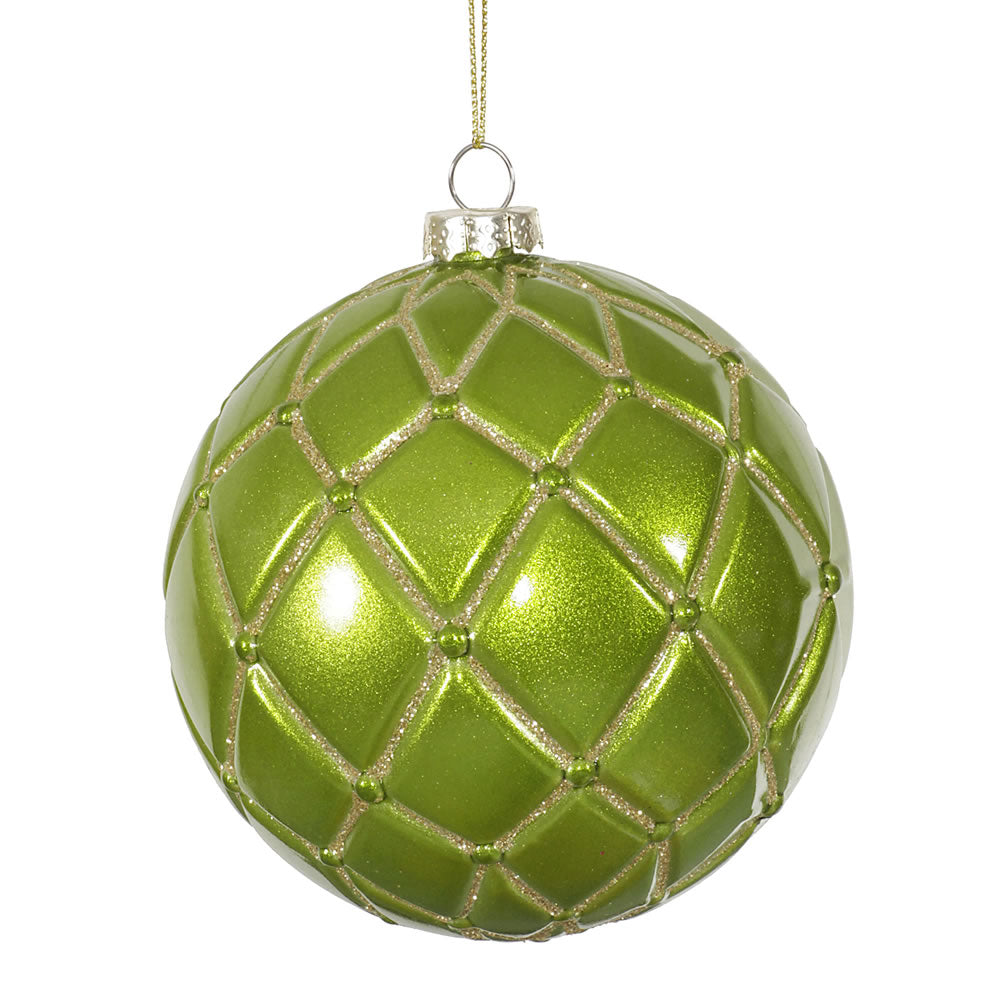4" Lime Candy Glitter Net Ball Ornament 6/Box