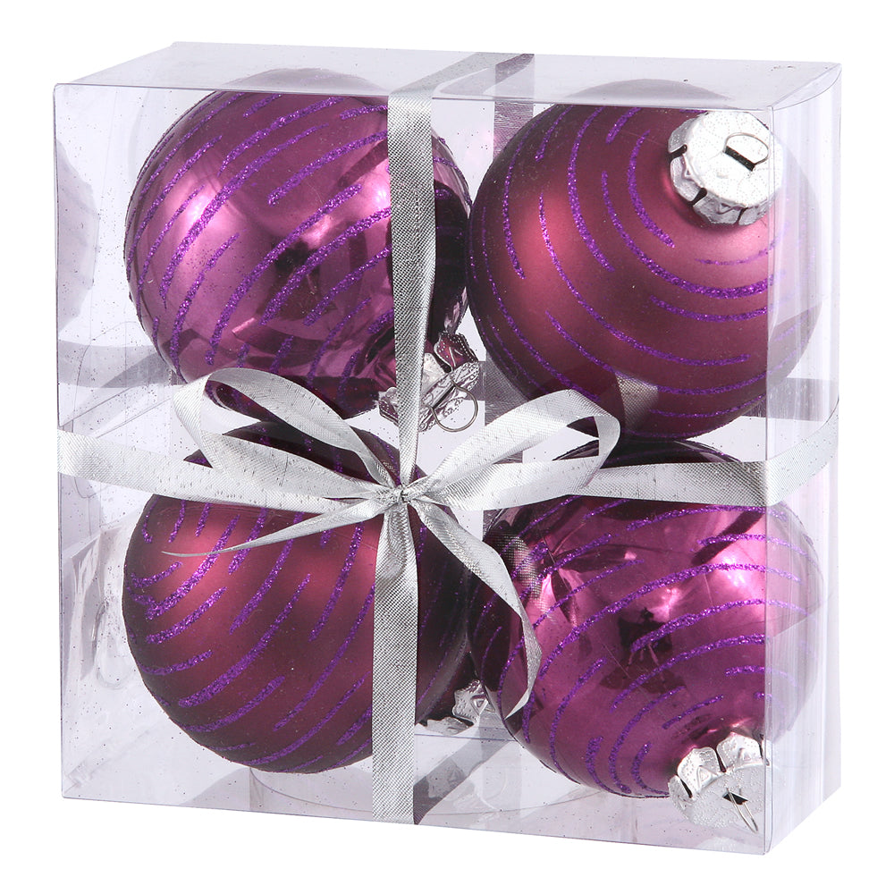 3" Plum Ball Ornament w/Glitter Asst 4/Box