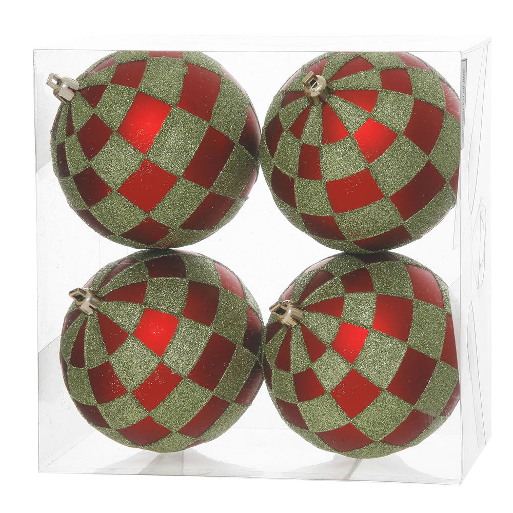 4" Red-Lime Check Glitter Ball Ornament 4/Box