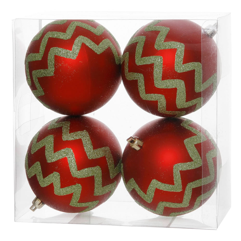 4.7" Red-Lime Chevron Glitter Ball Ornament 4/Box