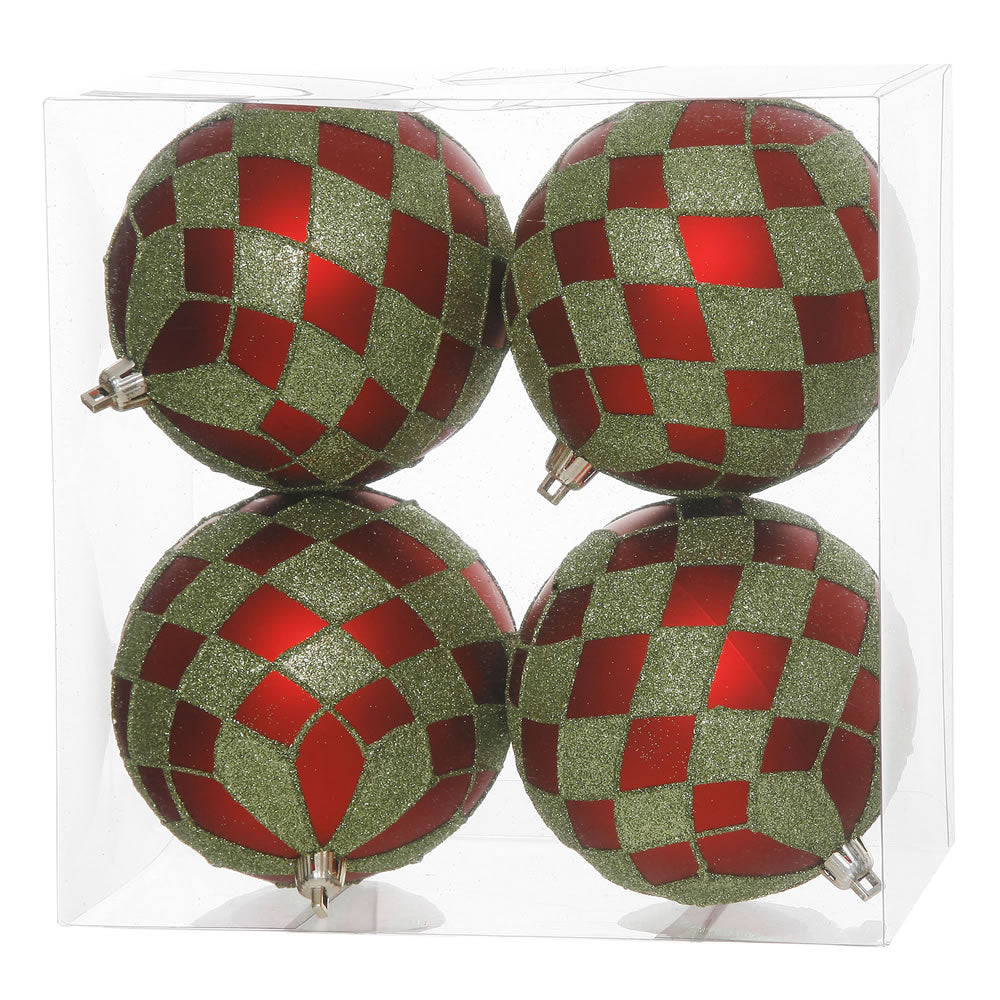 4.7" Red-Lime Diamond Glitter Ball Ornament 4/Box
