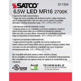 Satco 6.5W MR16 LED 2700K GU5.3 base 25 deg. Beam Angle 12v_2
