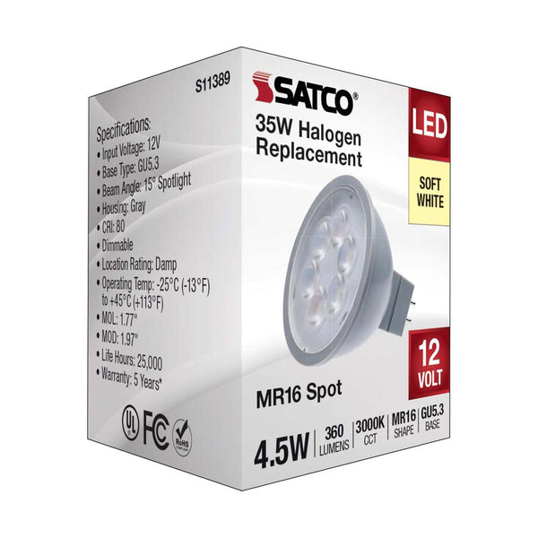 4.5W 12v MR16 LED 3000K Spot 15d 360LM GU5.3 Base Silver Finish Bulb ...