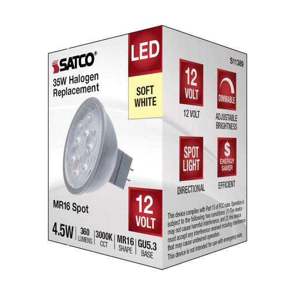 4.5W 12v MR16 LED 3000K Spot 15d 360LM GU5.3 Base Silver Finish Bulb ...